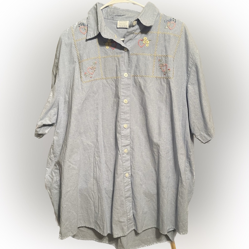 🍄Vintage Mystic Blues Women’s Plus Size Embroidered Denim Button-Up Shirt